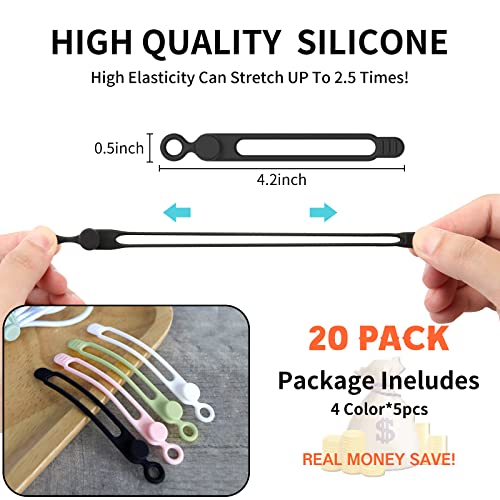 [20本 4色]UMUSTケーブルバンド コードまとめる シリコン ケーブルまとめる 結束バンド 収納バンド 多機能 ケーブルクリップ 弾性 繰り返し再利用 コードバンド ケーブルタイ オフィス キッチン 机 卓上への配線 イヤフォン 電気ワイヤー USB充電ケーブル等の束る 収納 整理 まとめる （ブラック、ピンク、ホワイト、グリーン）